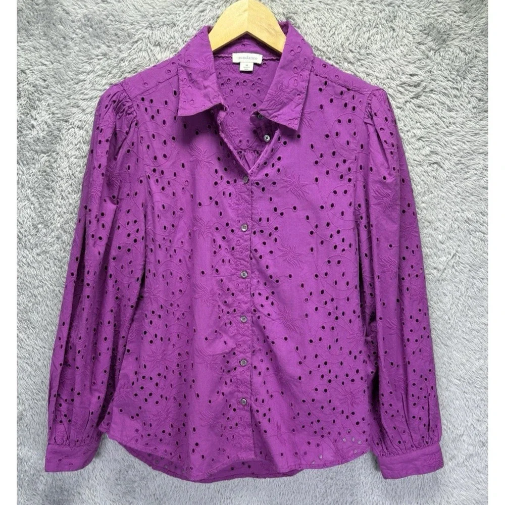 Sundance Purple Eyelet Floral Embroidery Puff Sleeve Button Down Shirt Camisole - Picture 4 of 15